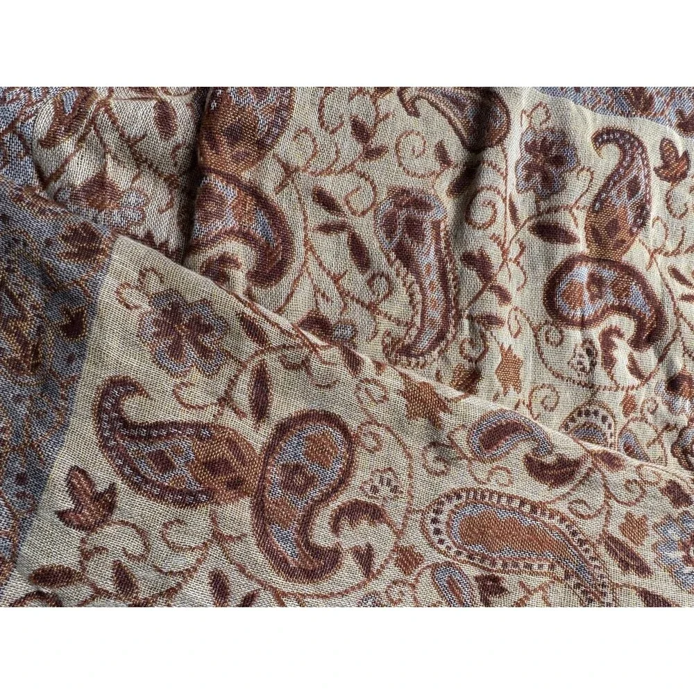 Pashmina Silk Blend Shawl or Wrap, Paisley Brown Tan Gold, Fringe ~28x70